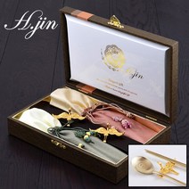 [라몽] H.jin 비단 쌍학 티타늄수저세트 골드 2인용 (1세트) 국산 숟가락 2p + 젓가락 2p + 24K 금도금 수저받침 2p + 비단주머니 2p + 정품케이스, 1세트, 수저 2인 + 받침 2인 + 주머니 2인 + 케이스