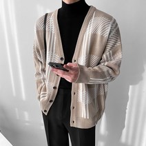 남자 체크가디건 이중지 오버핏 V넥 가디건(3color)