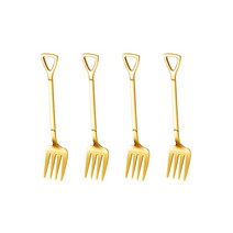 4PCS 삽 스푼 포크 삽 커피 스푼 차 스푼 삽 핸들 디저트 스푼 아이스크림 스푼 삽 모양 포크 과일 포크, 4Pcs 골드 포크, 하나