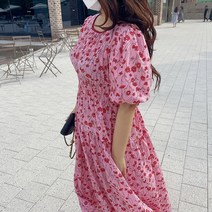 [비비애르] 플라워 나염 퍼프 스모크 밴딩 반팔 롱 원피스 잔꽃 스판좋은 러블리한 여름원피스
