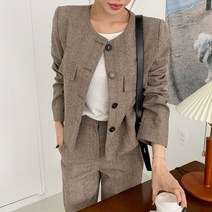 여성 가을 겨울 울 헤링본 라운드넥 셋업 숏 자켓