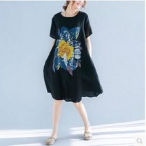 여성 여름 빅사이즈 앞판 프린트 면혼방 원피스