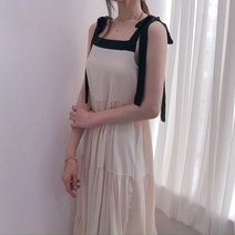 [2color] 캉캉 어깨 리본 끈 배색 린넨 롱 원피스 휴양지