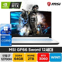 MSI Sword GF66 A12UE 인텔 12세대 i7-12700H RTX3060 윈도우11 노트북, GF66 Sword, WIN11 Pro, 64GB, 2TB, 코어i7, 화이트
