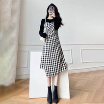 POMTOR 봄 가을 체크 원피스 여 봄 허리 날씬해 보이는 긴팔 기질 롱 스커트 봄