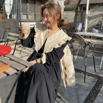 [momomall] 주름 넥타이 허리밑단 프릴 드레스 롱 스커트 여성