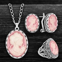 여성용 빈티지 타원형 퍼플 레이디 퀸 카메오 세트 Antqiue 실버 도금 목걸이 스터드 귀걸이 반지 쥬얼리 6 색