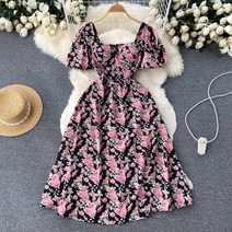 해외여행원피스 고급여성원피스 레이스 수입 반팔 스퀘어 넥 퍼프 소매 꽃 30 40대