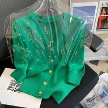 반짝이 스웨터 베이직 반팔 긴팔 글리터니트 여름 퍼프 슬리브 v목 비드 카디건은 허리 니트 짧은 서양 탑 그린