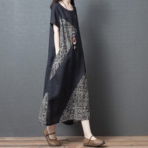 요나걸 여성 원피스 롱원피스 라운드넥 에스닉 스타일 빅 사이즈 중년 마담 복고풍 패션 반팔원피스 여자원피스 + 양말증정