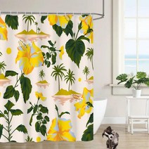 INTOMENG 베이지 플로럴 샤워 커튼 열대 해변 욕실용 방수 패브릭 후크 포함 182.9cm x 182.9cm(72 72인치) 5561484836, Green Yellow