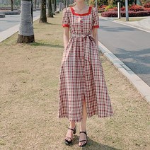 잇츠스타일 레드 체크 레트로 복고 스퀘어넥 플레어 롱 원피스