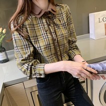다이뻐 리틀깽스 빅사이즈 44~77 세무 카라 리본 여성스러운 부드러운촉감 따뜻한 체크 블라우스