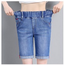 YI MING 롤업 5부 밴딩 청반바지빅 사이즈 빈티지 스판 여자 데님 팬츠 반바지 F297