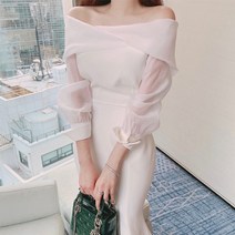 [랜덤플레이] 오프숄더 쉬폰 하객룩 머메이드 미디 원피스