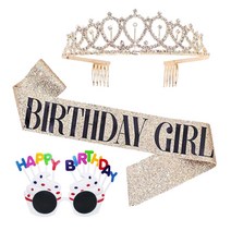 두봄 벌스데이 걸 생일 티아라 + 어깨띠 + 파티안경 3종 세트 생일 파티 용품, 골드