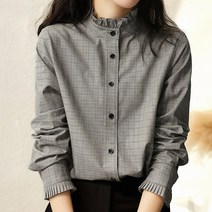 스타일아유 여성용 봄 플리츠 체크 반폴라 블라우스 간절기 러플 긴팔 체크 셔츠 가을 블라우스
