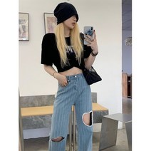 데미지 청바지 성격이 활발하고 하이스트 여성 봄 여름 트임부츠컷팬츠 와이드 루즈핏 스트레이트핏 긴바지 2209206565