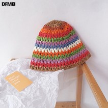 여행모자 스타일 컬러 스트라이프 챙 버킷햇 핸드메이드 밀짚모자 여성 레인보우 선캡