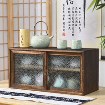 일본식 앤틱 원목 빈티지 그릇장 주방 수납장 그릇장식장 홈카페, 탄 오동나무 S(유리무늬1호)