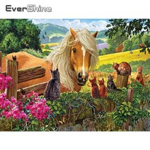 보석 구슬 십자수 그림 말 자수 동물 그림 모조 전체 광장 모자이크 고양이 홈 장식, 사각 드릴 80x60cm