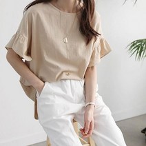 반하나쇼핑 여름 루즈핏 프릴소매 라운드티셔츠 나그랑 린넨블라우스 B030T