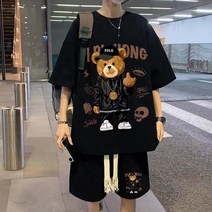 남성 트레이닝 세트 스웻 츄리닝 헬스 체육 복 패션 streetwear 힙합 락 캐주얼 짧은 정장 funny bear tshirts shorts 2 piece set for