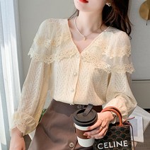 여성스러운 망토 레이스 카라 브이넥 여성 프릴 블라우스