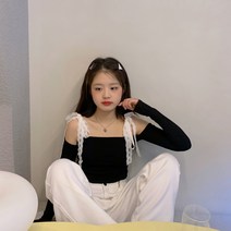 오픈숄더긴팔티 YUKIXIAOSHU 손수 레이스 순욕 스판 면 오프숄더 어깨트임 슬림핏 니트 롱슬리브티 2183134455