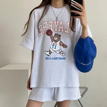 [럽즈올] 여성용 여름 오버핏 빅사이즈 곰돌이 레터링 프린팅 반팔티 반바지 트레이닝 추리닝 세트
