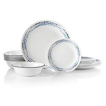 Corelle 오션 블루 식기 세트 6 | 18피스 칩 및 크랙 방지 세트(청소하기 쉬운 6개의 디너 플레이트 애피타이저 플레이트 수프 및 시리얼 그릇 포함) | 미국에서 자랑스럽게, Black & White