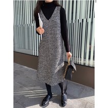 1color 여자FW 겨울하객룩 단아한 블랙트위드 브이넥 민소매 A라인 원피스 넉넉한핏