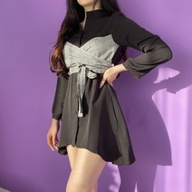 체크 뷔스티에 셔츠 플레어 랩 원피스