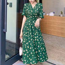 여성 브이넥 랩 스타일 원피스 A스커트라인 허리스트링 c7k 여름 블랙 플라워 스퀘어넥 롱 플리츠 린넨