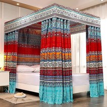 Pangzi 보헤미안 4 코너 포스트 침대 커튼 캐노피 침대 커튼 드레이프 성인 여아용 (퀸 레드), King