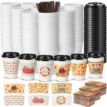 Meanplan 180팩 추수감사절 일회용 커피 컵 355ml(12온스) 뚜껑 포함 젓는 빨대 및 종이 슬리브 평평한 뚜껑이 있는 종이컵 차 주스 핫 초콜릿 홈샵 카페 사