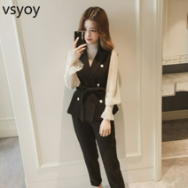 vsyoy 패션 캐주얼 3 피스 세트 새로운 대형 여성용 느슨한 약간 뚱뚱한 mm 전문 정장 세트 기질 연령 감소