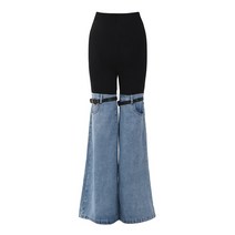 레스코드 ootj바지 EAM 하이웨이스트 블루 컬러 블록 데님 롱 와이드 레그 청바지 루즈한 여성 바지 트렌디 타이드 봄 가을 1DF3897