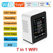 이산화탄소 경보기 측정기 Tuya 7 인 1 Wifi 공기질 측정기 PM2.5 CO2 TVOC HCHO AQI 온도 습도 테스터 T, [01] 7 in 1 Wifi White S, 01 7 in 1 Wifi White S