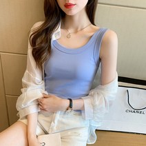 캠핑용품여성 조끼 품질 니트 캐미 U-넥 민소매 탱크 탑 캐주얼 솔리드 컬러 기본 캐미솔, 02 파란_01 싱글 사이즈