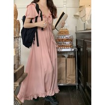 Banhany 로니키 프릴 브이넥 리본 날개 소매 반팔 롱 원피스 3color