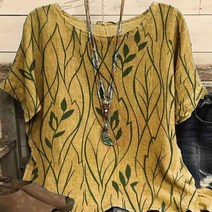 삼베옷 계량 모시옷 2018 여름 여성 짧은 소매 티셔츠 캐주얼 느슨한 빈티지 잎 패턴 인쇄 린넨 L4XL