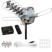 Five Star 실외 HD TV 안테나 최대 150마일 장거리 전동 360도 회전 UHF/VHF/FM 라디오 적외선 리모컨 장착 폴 및 12.1m(40피트) RG6 동축 케이블, Antenna+Kit
