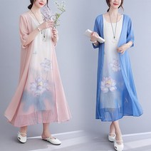 에스닉자수원피스 빅사이즈 무드 더블레이어 여름옷 단추 여성 쉬폰 무릎 길이 2358596072