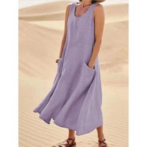여성 린넨 원피스 롱 스커트 데님 빅싸이즈 비치웨어 정장 여름 민소매 Sundress 우아한 라운드 넥 코튼 솔리드 탱크 드레스 빈티지 포켓 비치 Vestidos