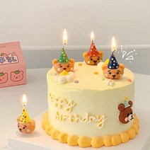 4P 1세트 파티 꼬깔 곰돌이 생일초 어린이 기념일 캔들 케이크픽 토퍼 장식, 무향, 250g