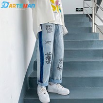 남성용 일본식 그래피티 루즈한 캐주얼 배색 데님 팬츠