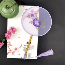 너슬부채 한국무용 전통 부채춤 여성 댄스 자수 꽃 핸드 헬드 나무 손잡이 팬 빈티지 반투명 중국 스타일 라운드 실크 술, 29 29