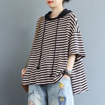 May.17 137번 빅 사이즈 여성 200근 통통 mm 루즈핏 반팔 후드 여름 스트라이프 베스트캐주얼 티셔츠 뉴타임즈 Z
