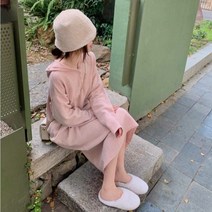WHR 후드 니트 하프 원피스 버튼 편한 데일리 캐주얼 키작녀 여성용 가을겨울 루즈핏
